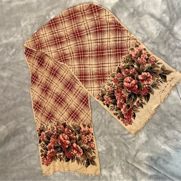 Vintage Oscar de la Renta Long Silk Floral Plaid Wrap Scarf with Raw Fringe Hem - Picture 4 of 7